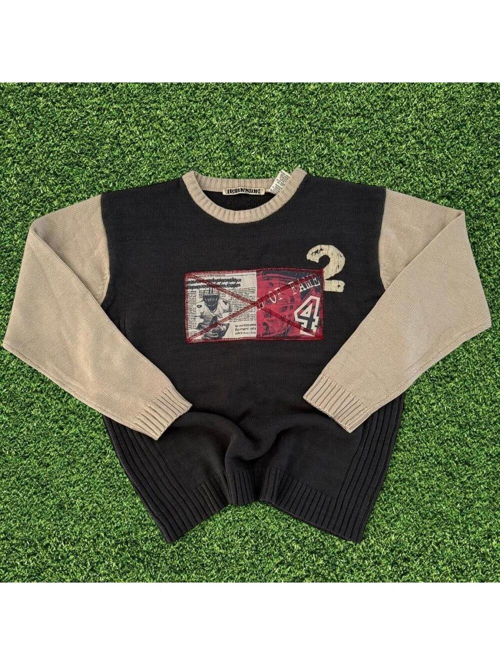 Y2K Burnside Patchwork Knit Sweater Grey Cream Football Size XL
